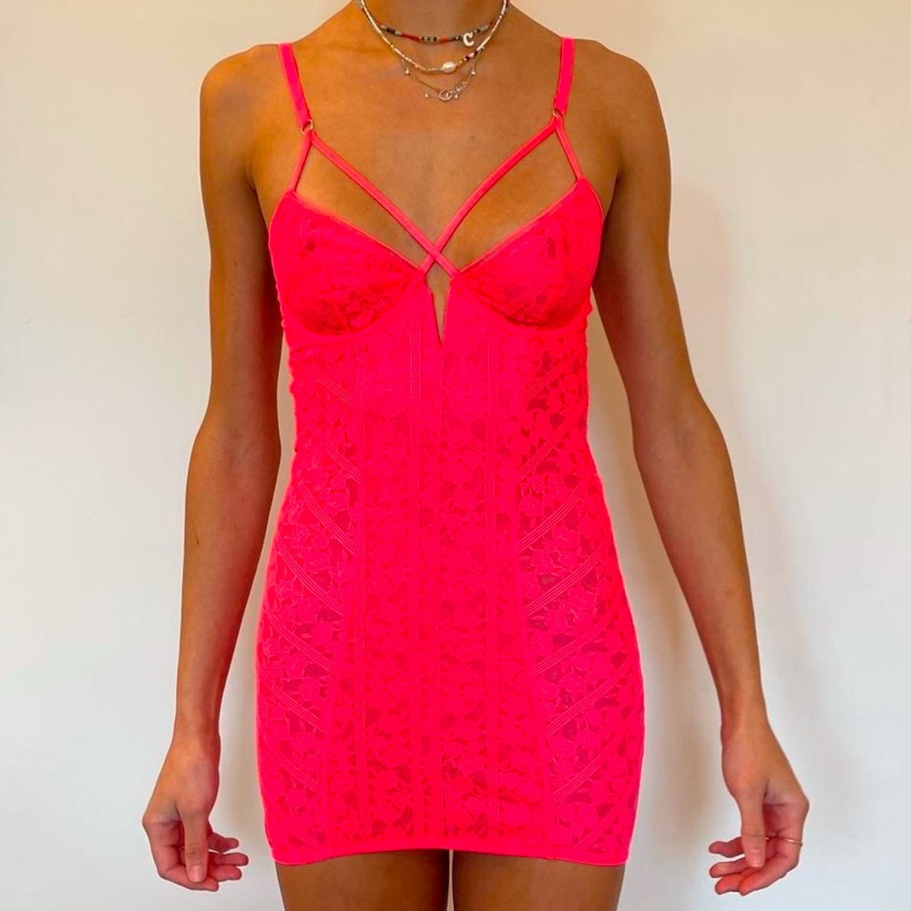 Savage x Fenty | NWT Neon Coral Backless Lace Mini Dress | XS
